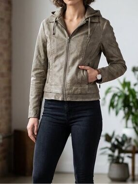 COLLECTION B Vegan Leather Moto Jacket Distressed Hooded Large